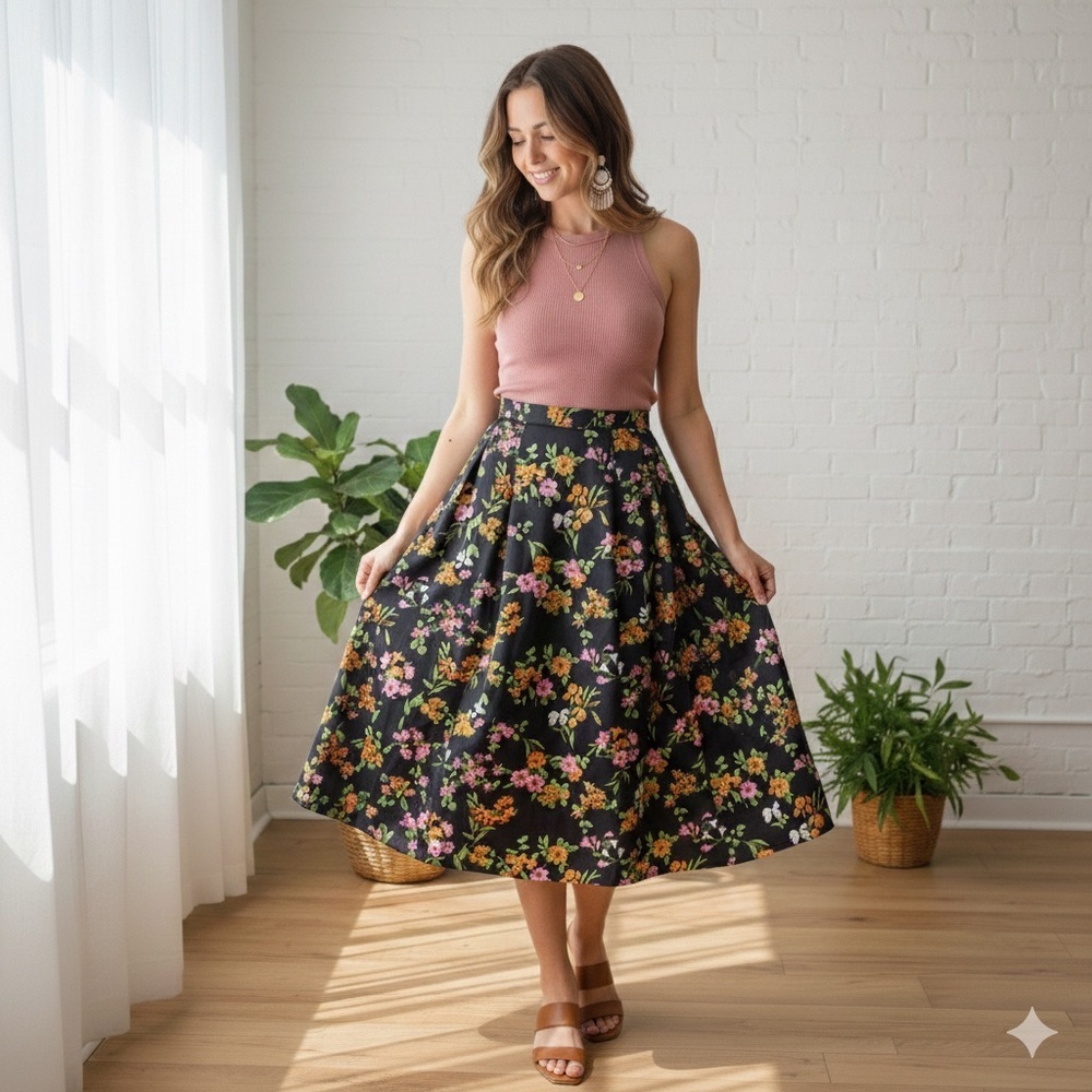 Handmade Black Floral Satin Midi Skirt Pleated High Waist‎ Cottagecore Boho